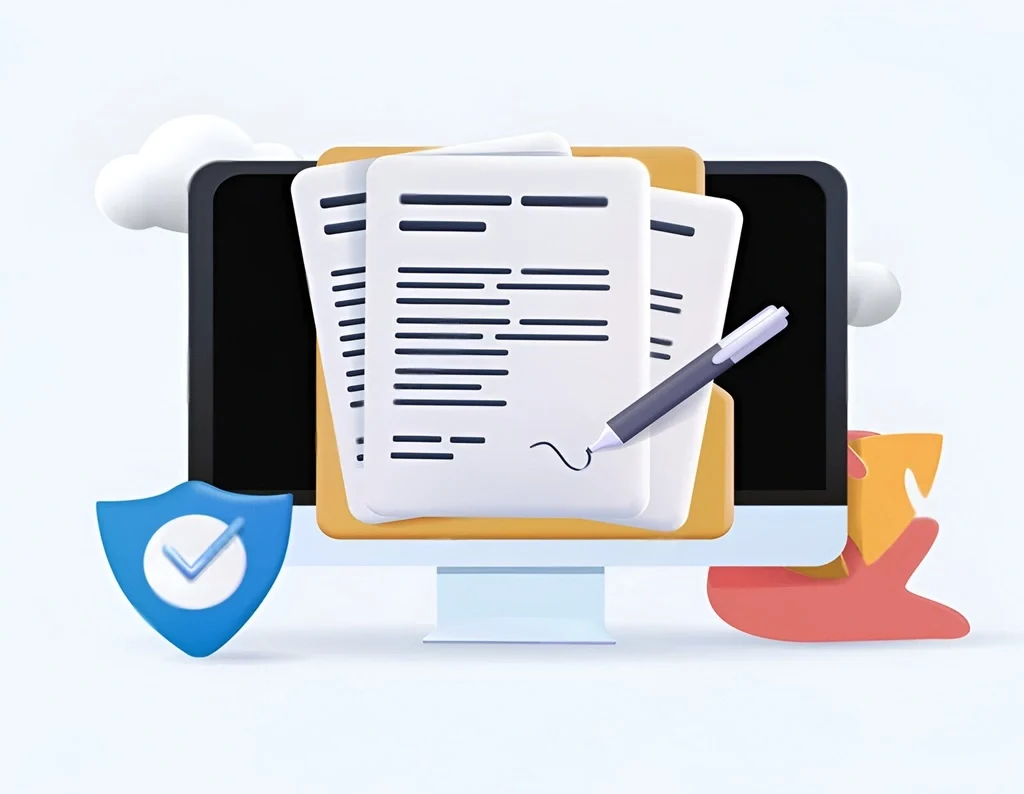 Immagine di un monitor con documenti digitali, firma digitale e firma elettronica, con icone di protezione, puzzle e cloud sullo sfondo. Rappresentazione visiva della gestione sicura dei dati e della digitalizzazione dei documenti.