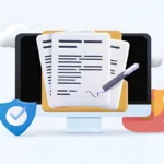 Immagine di un monitor con documenti digitali, firma digitale e firma elettronica, con icone di protezione, puzzle e cloud sullo sfondo. Rappresentazione visiva della gestione sicura dei dati e della digitalizzazione dei documenti.