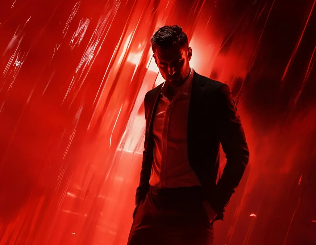 Immagine con figura maschile in abito formale con sfondo rosso intenso, rappresentante un middle manager e le dinamiche aziendali del suo ruolo.