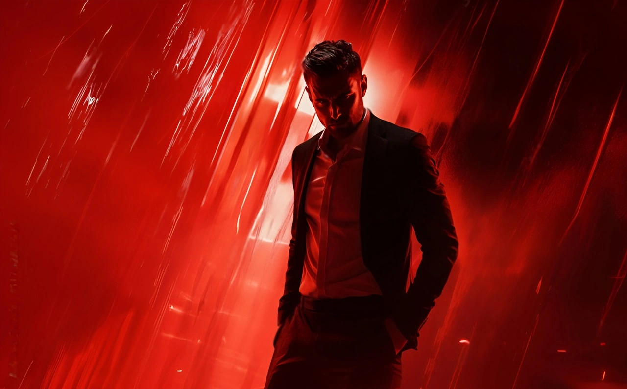 Immagine con figura maschile in abito formale con sfondo rosso intenso, rappresentante un middle manager e le dinamiche aziendali del suo ruolo.